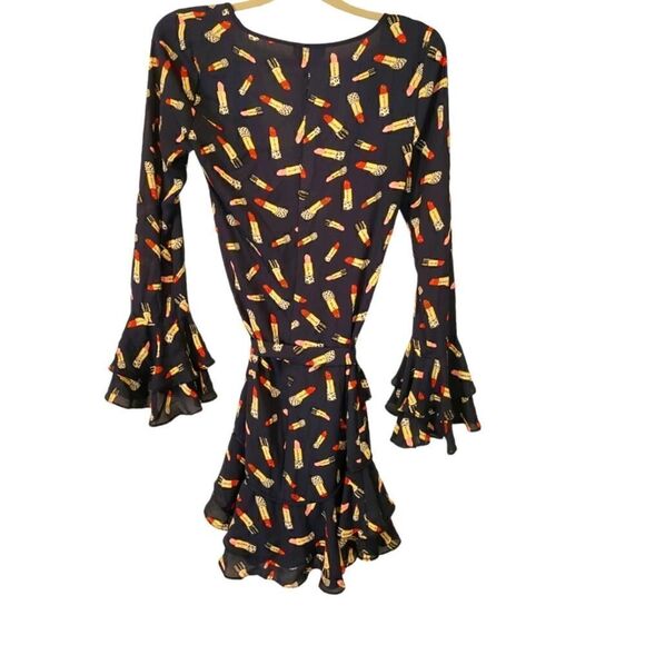 BEBE Denise Full Wrap Ruffle Detail Dress, Red & Pink Lipstick Print Novelty | 2 - Picture 5 of 12